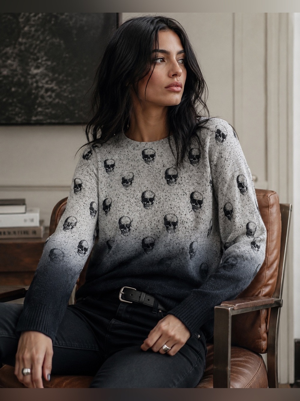 Skull Cashmere Womens Sweater Sz XS Yolanda Frost Gray Ombre Goth Luxury